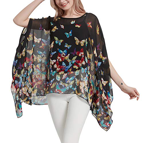 Wiiiwish Women's Floral Chiffon Blouse Batwing Summer Hippie Sheer Loose Caftan Poncho Tunic Shirt Tops