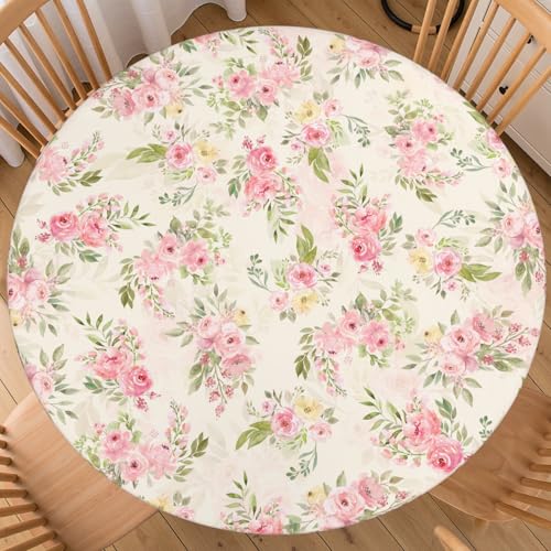 Roverantic Floral Boho Round Fitted Tablecloth Best for 40"-44" Bohemian Table Cloth Elastic Edge Water-Resistant Washable Pink Flower Table Cover for Party Picnic Camping Outdoor Indoor Decor by Roverantic - Used condition - US$6.83