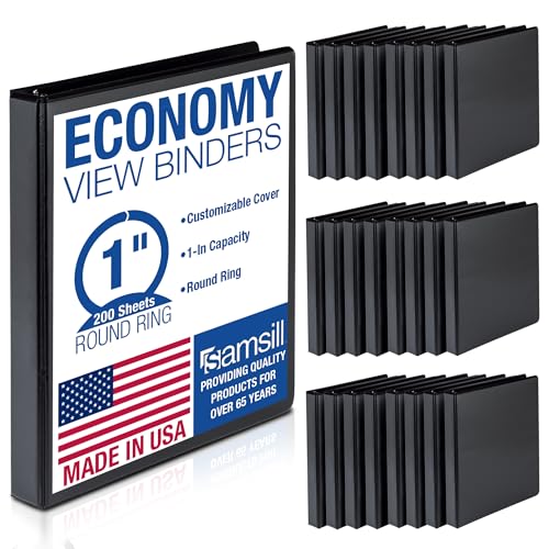 Samsill 1 Inch 3 Ring Binders, Made in USA, Economy Round Ring, Clear View Cover, 200 Sheet Capacity - for School, Home, Office - Black, 24 Pack