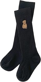 ZONABSQQ Calcetines hasta la Rodilla for niños con Lindo Bordado de Osito - Calcetines cálidos de algodón Suave for otoño e Invierno for niños y niñas(Black,M(3-5 Years Old))