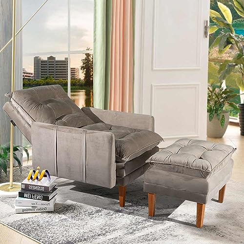 Poltrona Do Papai Reclinável Com Puff Veludo Bege Veneza Boutique Konforto