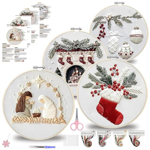Kit broderie point de croix Noël lot de 4 canevas pour adultes avec fils et aiguilles
