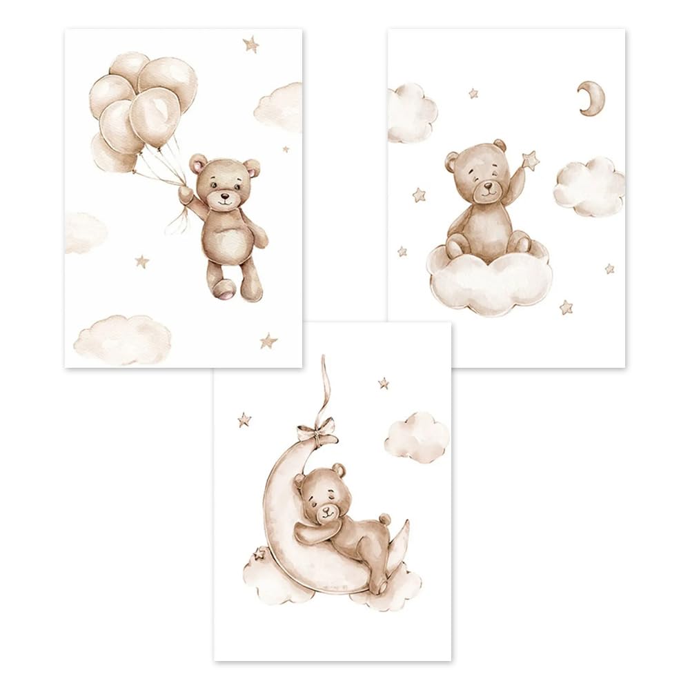 3 Affiche Ourson Chambre Bebe 30x40cm Poster Mural Enfant Garcon Nounours Nuage Ballon Tableau Chambre Bébé Beige Toile Decoration Murale Fille Cadeau sans Cadre (BOGC025-30X40)