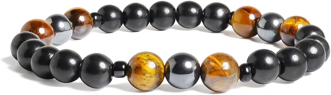 Shungite Protection Bracelet - Fits Average Adult Wrists Men Women Authentic for EMF, 7 5 inch, Shungite,, shungite, tigers eye, hematite