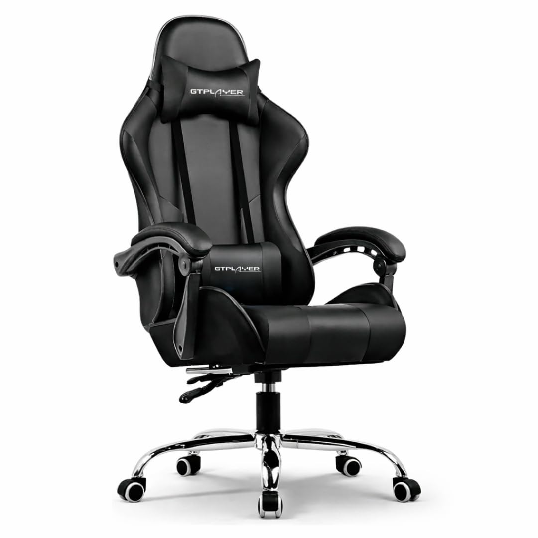 GTPLAYER #1USA Multi-Functional Ergonomic Gaming & Computer Chair – Premium PU Leather, Adjustable Neck & Lumbar Pillow for Back Support (Black)