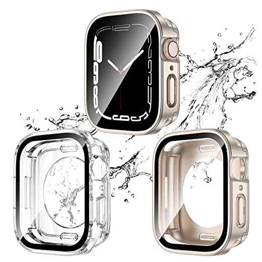 2 Pack 2 in 1 Waterproof Case for Apple Watch Series SE SE2 6 5 4 44mm, Straight Edge PC Front & Back Bumper with Tempered Glass Screen Protector 360 Protective Cover for iWatch 44mm, Starlight/Clear