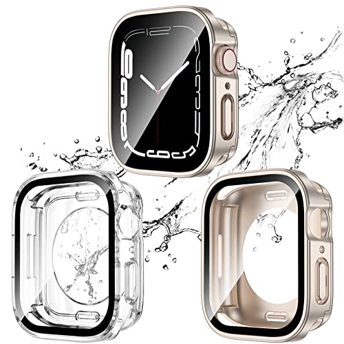 2 Pack 2 in 1 Waterproof Case for Apple Watch Series SE SE2 6 5 4 40mm, Straight Edge PC Front & Back Bumper with Tempered Glass Screen Protector 360 Protective Cover for iWatch 40mm, Starlight/Clear