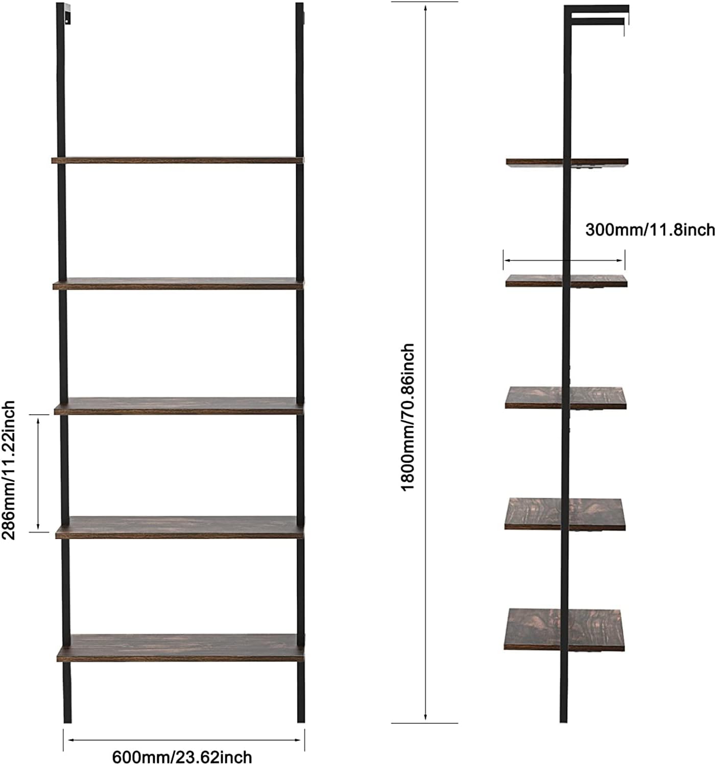 Black Ladder Shelf Wall Mount, 5 Tier Ladder Bookshelf with Wood Shelf and Metal Frame, Industrial Tall Ladder Shelves for Living Room, Bedroom, Office (12"D x 24"W x 71"H, Dark Walnut Board)