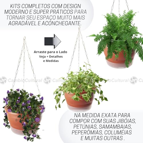 Kit para Plantas 3 Vasos Cuia Grande N30 com Correntes Pratinhos Ganchos e Manta Cor:Marrom
