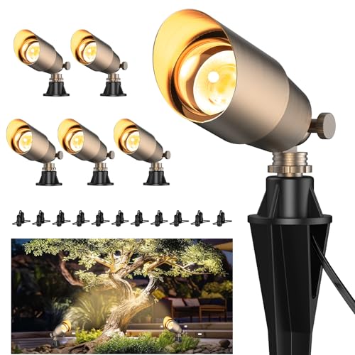 ZONEGRACE Solid Brass Outdoor Uplights & Accent Light Fixtures, Heavy Duty 12V Low Voltage LED Landscape Lighting Bronze, Wired Spot Lights for Garden,Lawn,Patio and Yard Without LED Bulb (6 Pack)