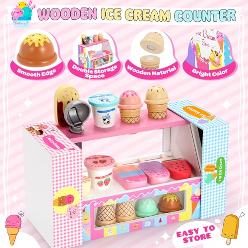INNOCHEER Ice Cream Toy, Wooden Ice Cream Play Set, Pretend Play Kitchen Toys, Ice Cream Toys for Toddlers, Ice Cream Shop Playset Play Store, Gifts Toys for 3 4 5 6 7 8+ Year Old Girls Boys by INNOCHEER - Image 6