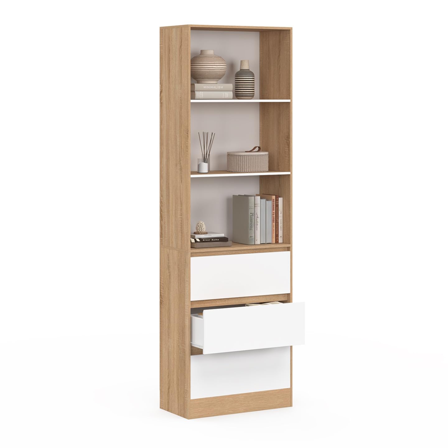 IDMarket - Etagère bibliothèque Carla 3 Niveaux 3 tiroirs Blanc et Effet Bois 190 cm