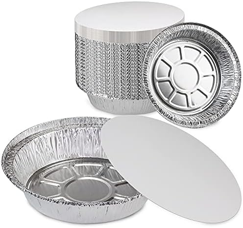 Fit Meal Prep [50 Pack] Round 7 Inch 24 oz, 1.5 lb, 0.75 Quart Disposable Aluminum Foil Pan Take Out Food Containers with Flat Board Lids, Steam Table Hot Cold Freezer Roasting Baking Oven Safe