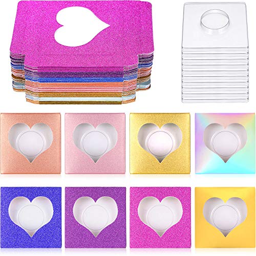 32 Pieces Empty Lash Box with 32 Pieces Transparent Eyelash Tray Heart Glitter False Eyelash Packaging Box Reusable Paper Eyelash Storage Box Lash Case for Women Girls, 8 Colors
