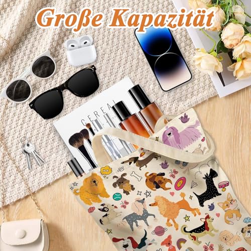 VOYANTE Stoffbeutel Bedruckt, Canvas Tote Bag, Lustige Hunde Muster, Hunde Geschenke, Wiederverwendbar Einkaufstasche, Geschenk Buchliebhaber, Hundeliebhaber Deko Stofftasche für Kollegen