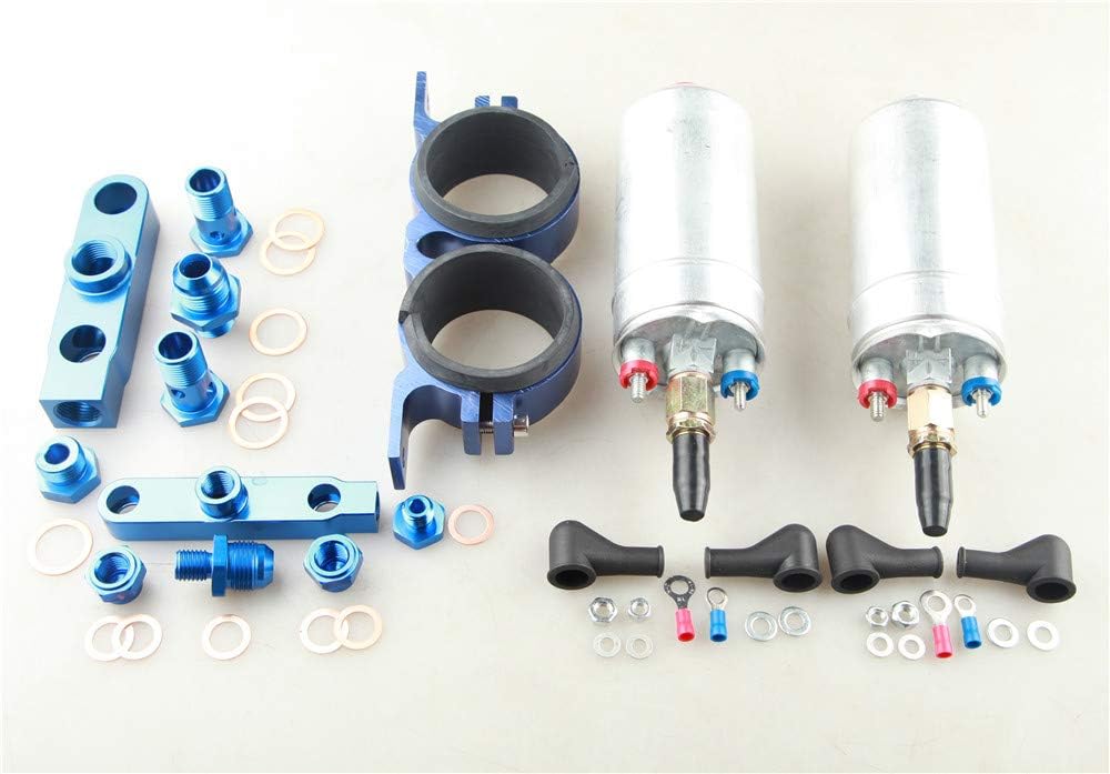 Twin Bosch 044 Fuel Pump Billet Bracket Clamp Assembly Kit Aluminum Blue