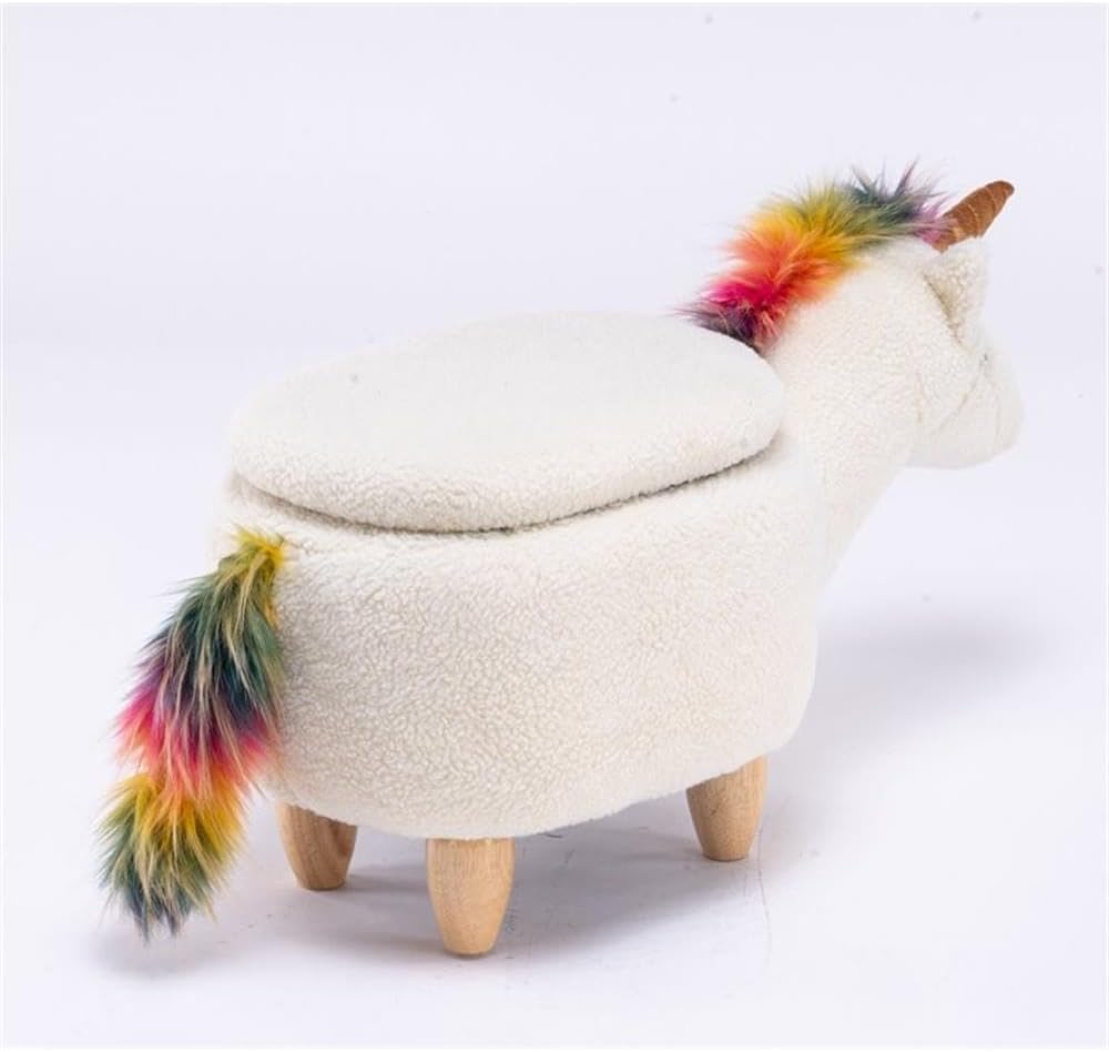 Pemberly Row Unicorn Fabric Storage Ottoman/Stool, White/Natural Finish, 15.75" H x 14.17" W x 28.74" D, Upholstered Kids Bedroom or Playroom Furniture with Cute Animal Theme and Interior Storage