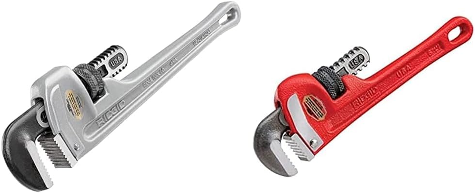 RIDGID 31095 Model 814 Aluminum Straight 14" Plumbing Pipe Wrench, Silver, Made in the USA & 31010 Model 10 Heavy-Duty Straight Pipe Wrench, 10-inch Plumbing Wrench, Red, Black, 250mm (10in)