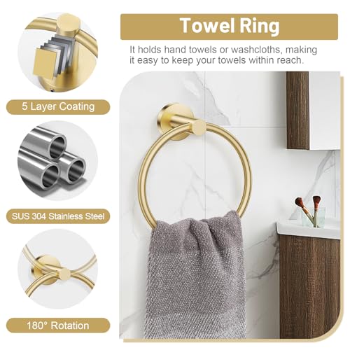 Lairuier Brushed Gold Towel Holder Set Include Double Bases Toilet Paper Holder,Towel Ring and 2 Towel Hooks Stainless Steel Wall Mounted Bathroom Hardware Accessories Set - Thumbnail 5