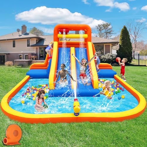 (2026 Upgraded) 15.6 x 15FT Giant Water Slide Park for Big Kids with Tall Dual Slides & Climbing Walls, Backyard Inflatable Water Park with Large Splash Pool, Tunnel and 2 Basketball Hoops