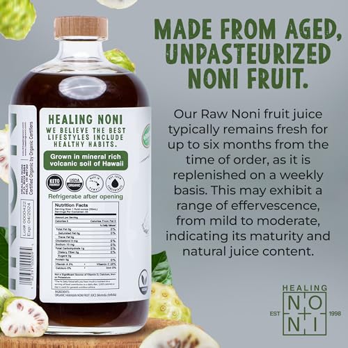 healing noni - 4-pack glass bottle 32oz - hawaiian sparkling raw organic juice - all-natural unsweetened fresh fruit - farm direct