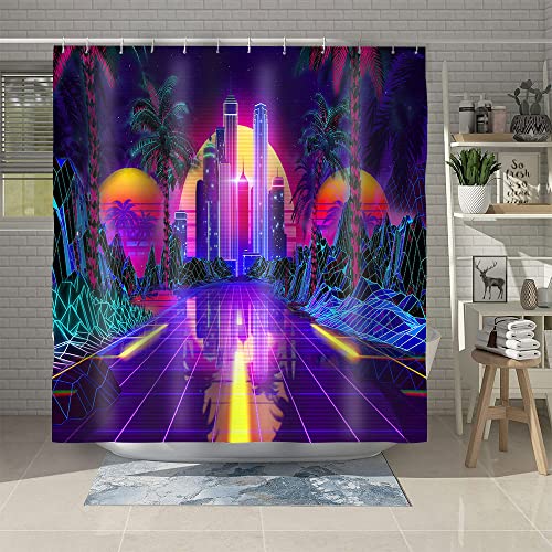 Gdmoon - Gdmoon YLRLGD1524 – Rideau de douche punk rétro des années 80, fête des années 80, science-fiction, coucher de soleil fluo, art abstrait, art tropical, pour salle de bain avec 12 crochets, 183 x 198