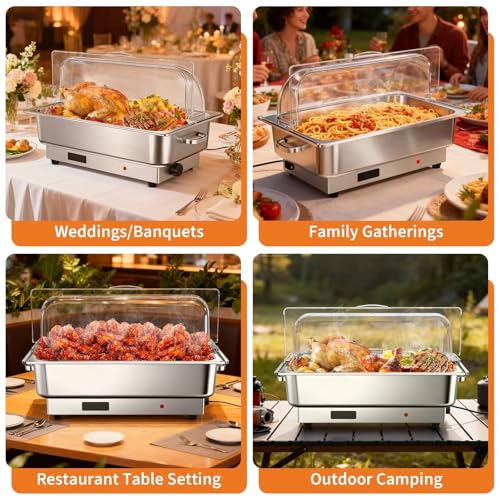 9QT Electric Chafing Dish Set for Buffet with Temperature Control, Roll Top Stainless Steel Buffet Servers and Warmers with Transparent Lid for Catering and Parties by MilleLoom - Image 4