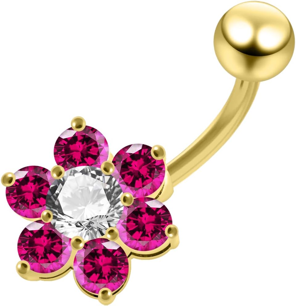 Gold Plated Fancy Six Round Petals Flower 925 Sterling Silver with Stainless Steel Belly Ring - Belly Button jewelry - Navel jewelry