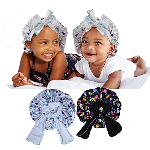 2Pcs Pack Adjustable Baby Bonnet Kids Bonnet Satin Silky Hair Bonnets Sleep Hat For Girls Boys Toddler Infants With Tie Band Bow 6-12 Months Hot Pink Blue #TOP6