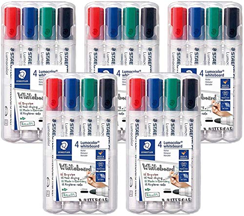 Staedtler Lumocolor 351 WP4 Whiteboard-Marker (Rundspitze ca. 2 mm Linienbreite, Set mit 4 Farben (4er Marker Set | 5 Stk, farbsortiert)