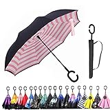 Monstleo Inverted Umbrella,Double Layer Reverse Umbrella for Car and Outdoor Use by, Windproof UV Protection Big Straight Umbrella with C-Shaped Handle and Carrying Bag (Stripe(Pink))