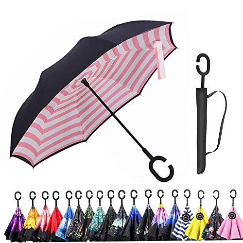 Monstleo Inverted Umbrella,Double Layer Reverse Umbrella for Car and Outdoor Use by, Windproof UV Protection Big Straight Umbrella with C-Shaped Handle and Carrying Bag (Stripe(Pink))