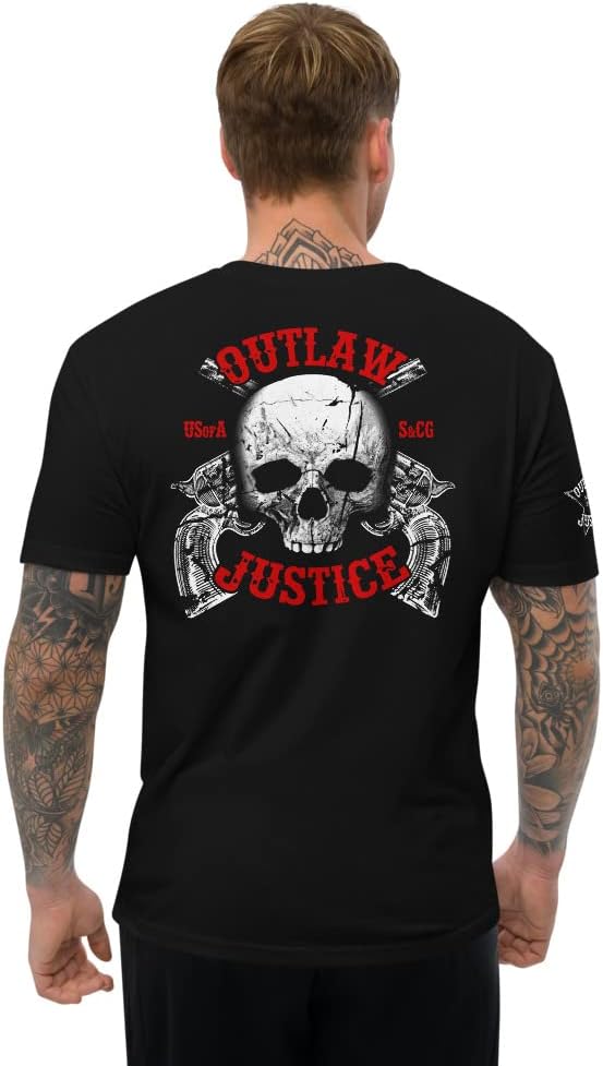 Outlaw Justice Giant Skull Image Biker Unisex T-Shirt for Men and Women - American Patriotic Motorcycle Shirts