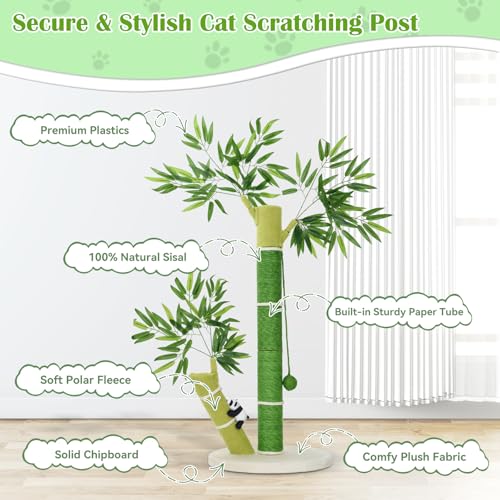 AiQInu 33'' Tall Cat Scratching Post for Large Cats and Kitten, Nature Sisal Cat Scratchers for Indoor Cats with DanglingToy Ball and Cute 3D Panda Adult Cat Tree with Bamboo Shape