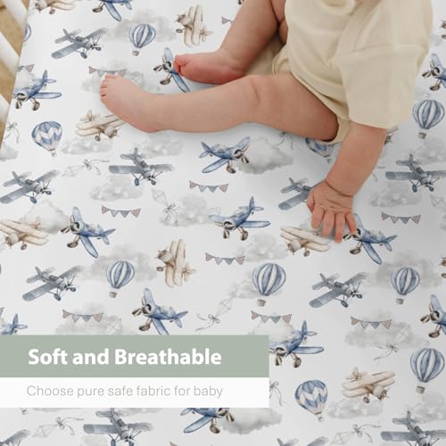 Image of Vintage Planes Airplanes Helicopters Baby Crib Sheets Boy Girl 28 inchx52 inch Hot Air Balloon Plane Clouds Sky Soft Stretchy Fitted Crib Mattress Cover Baby Sheet for Standard Crib & Toddler Mattress Pad