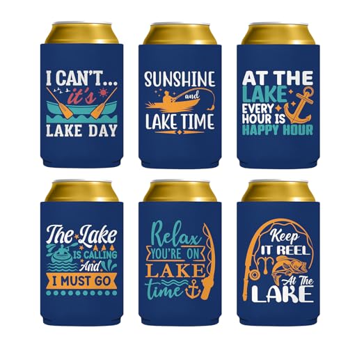 Pop Nordic Lake Can Cooler - Funny Fishing Beer Can Sleeves 6 Pack Neoprene Insulated Beer Cozy Bulk for Father's Day Favors Fishing Essentials Gifts for Men