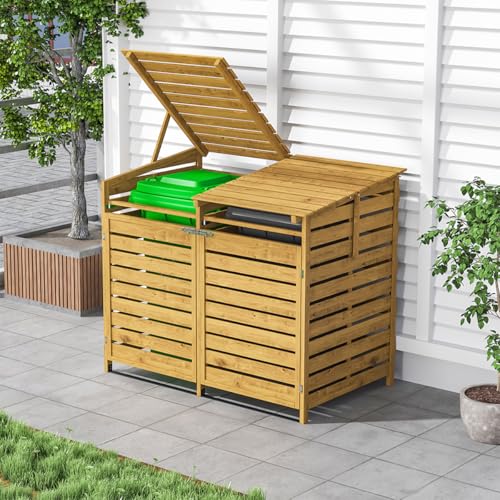 Warmiehomy Wheelie Bin Storage 2 Wheelie Bin Storage Outdoor Bin Shed 2 Bins Wooden Wheelie Bin Hideaways Double Garden Large Bin Store 141cm x 86cm x 122cm, Wood