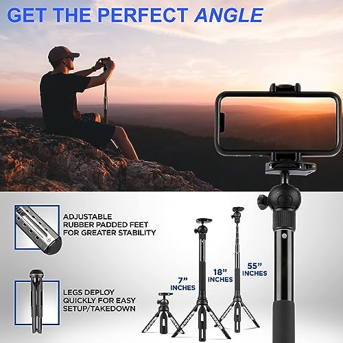 Acuvar Phone Tripod 55\" - Works as Tripod, Selfie Stick, and Camera Monopod for Go Pro- Cell Phone Tripod Stand w/ 360 Rotating Head - Tripod for iPhone Comes with Carrying Case for Content Creators - Thumbnail 5
