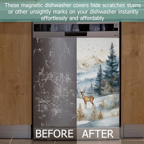Image of Dishwasher Magnets Decorative Cover,Winter Mountain Refrigerator Magnet Cover,Washable Forest Deer Dishwasher Front Panel Cover Home Kitchen Decoration 23x26 Inch