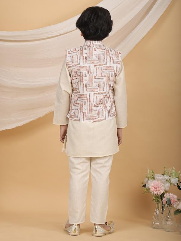 Image of superminis Boys Cotton Printed Full Sleeves Kurta Pyjama with Jacket Ethnic Wear Set