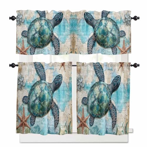 Teal Blue Sea Turtle Kitchen Curtains 36 Inch Length, 3 Piece Rod Pocket Small Half Tiers and Valance Set, Summer Ocean Nautical Starfish Small Large Window Treatment Decor for Bedroom/Bathroom Sink