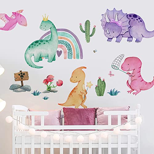 Image of Yovkky Watercolor Girls Dinosaur Wall Decals Stickers, Dino Rainbow Cactus Nursery Decor, Tropical Plant Home Decorations Kids Bedroom Playroom Toddler Baby Shower Room Art Gift
