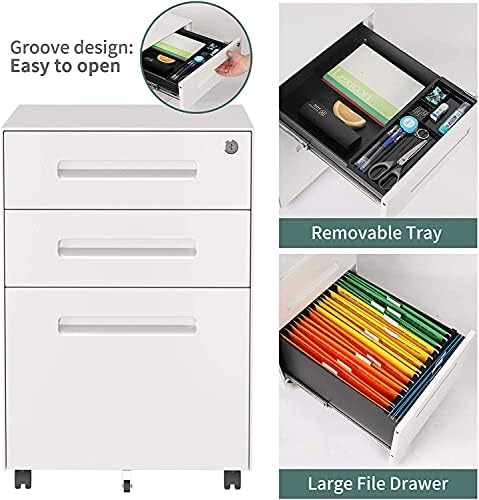 YOLEO 3 Drawer File Cabinet-Modern Rolling Filing Cabinet with Lock and Hanging Frame for Legal/Letter/A4 Size, Home Office Metal File Cabinet Anti-tilt Design,Fully Assembled Except Wheels
