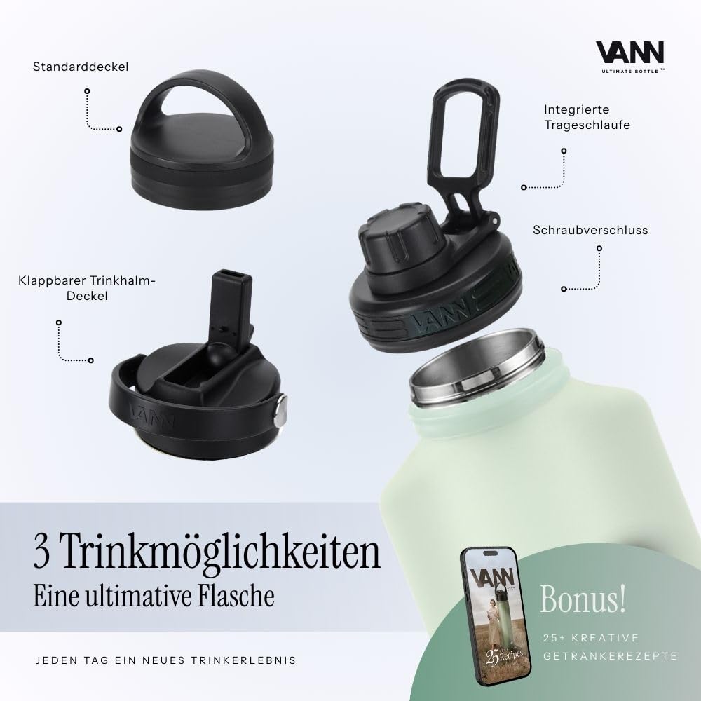 VANN Trinkflasche 2L mit Strohhalm - 3fach isoliert [24h kalt 12h warm] | Thermosflasche für Fitnessstudio, Sport - Trinkflasche Edelstahl [BPA-Frei] - Wasserflasche inkl. 5 Zubehörteile - Salbei