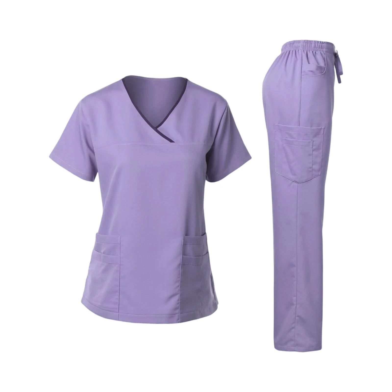 AHUFGN Nurse Scrubs Women Women's Nurse Scrub Set V-Neck Short Sleeve Long Pants Medical Cozy Professional Workwear(Light Purple,XXL)