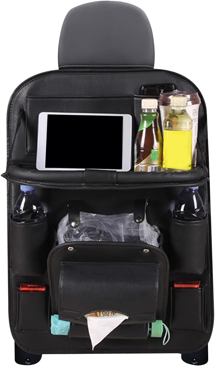 Waterproof Leather Car Seat Organizer with Foldable Table & Kick Mats | Backseat Protector Storage for Travel, Toys, Books & Drinks(Black)