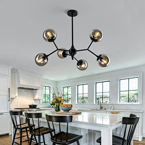 Uofus 6-Light Chandelier Rustic Vintage Ceiling Light Fixture With Glass Globes Mid Century Pendant Lighting Black Foyer Adjustable Height For Dining Living Room #TOP7