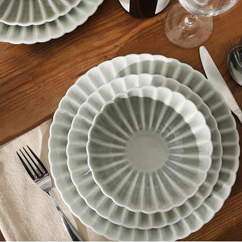 Image of Gibson Elite Peach Orchard 12-Piece New Bone China Dinnerware Set Service for 4, Embossed Fluted Plates and Bowls, Dishwasher and Microwave Safe, Sage Green