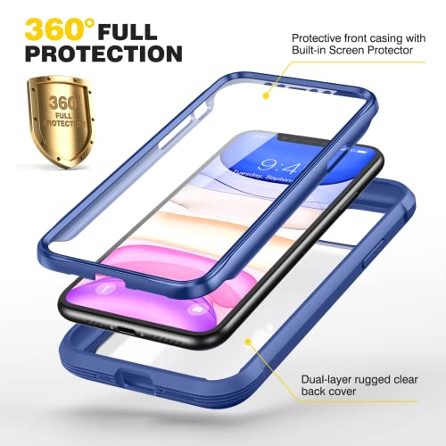 Diaclara Compatible With Iphone 11 Case, Full Body Rugged Case With Built-In Touch Sensitive Anti-Scratch Screen Protector, Soft Tpu Bumper Case Clear Compatible With Iphone 11 6.1" (Blue And Clear) #TOP1