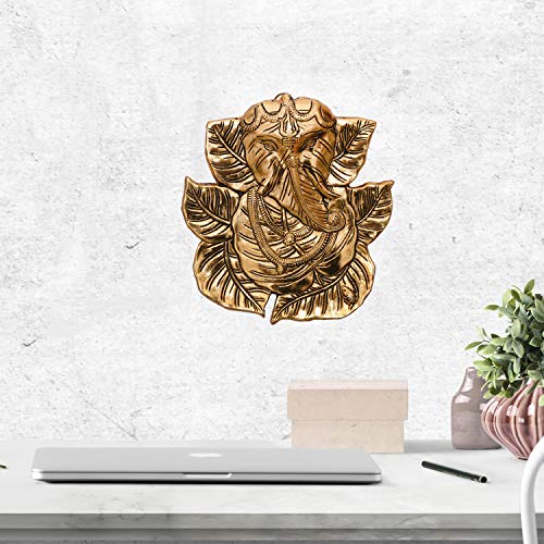 Image of Collectible India Ganesha Metal Wall Hanging Statue Idol Ganesh Gold Finish Sculpture - Fengshui Vastu Good Luck Diwali Decoration Item (Size 8.5 x 7.5 Inches)